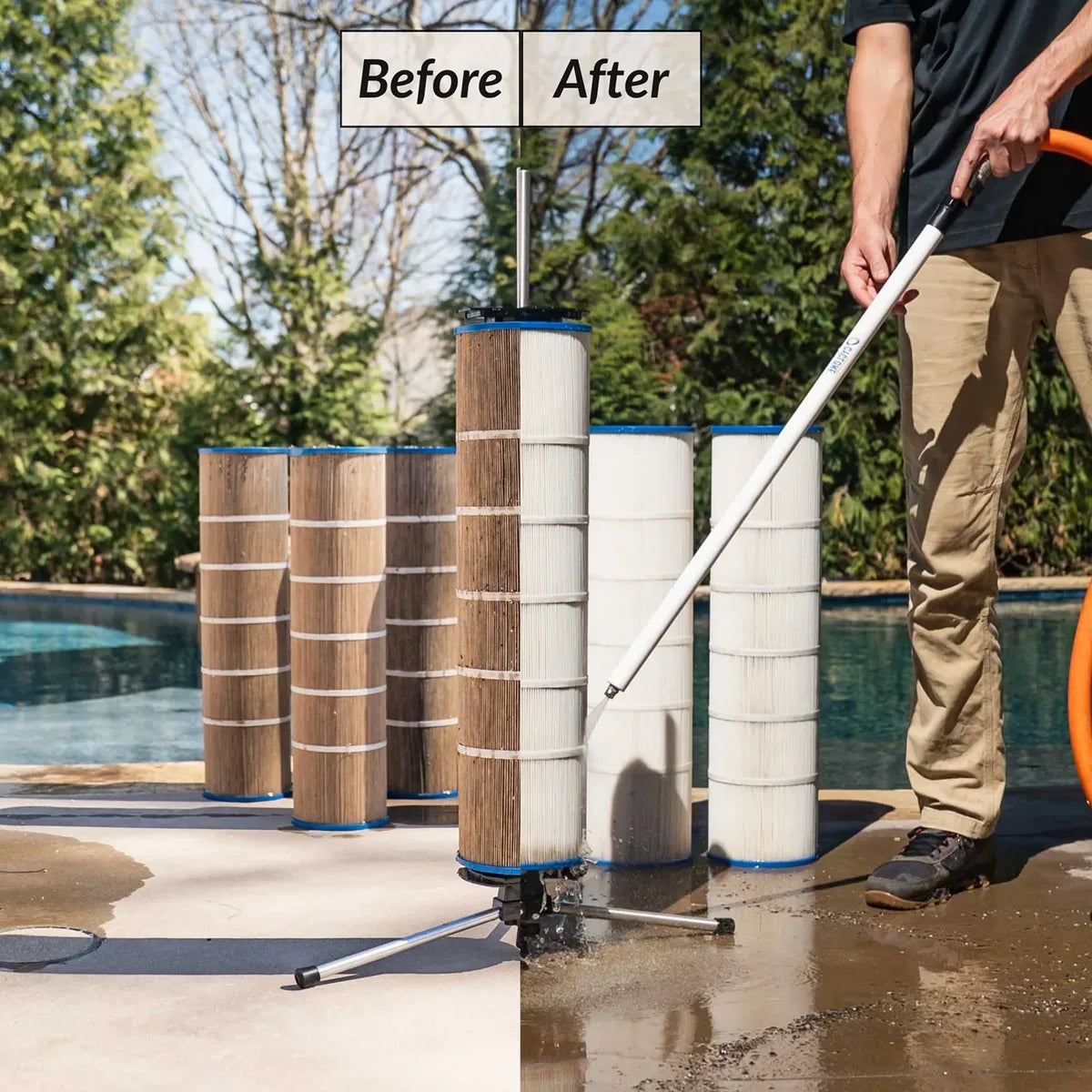 Before and after cleaning pool filters with the Cyclone