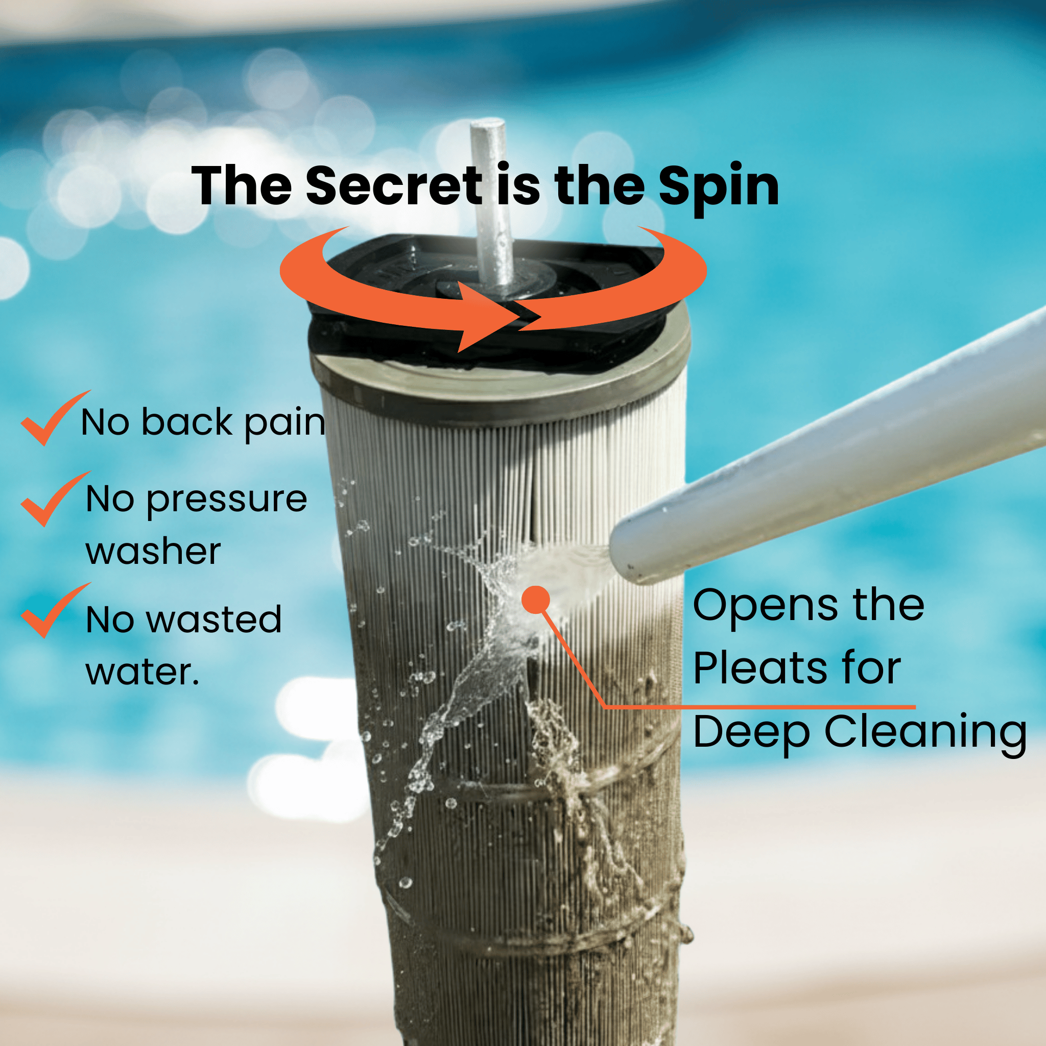Pool filter cleaning device with text highlighting benefits against a pool background
