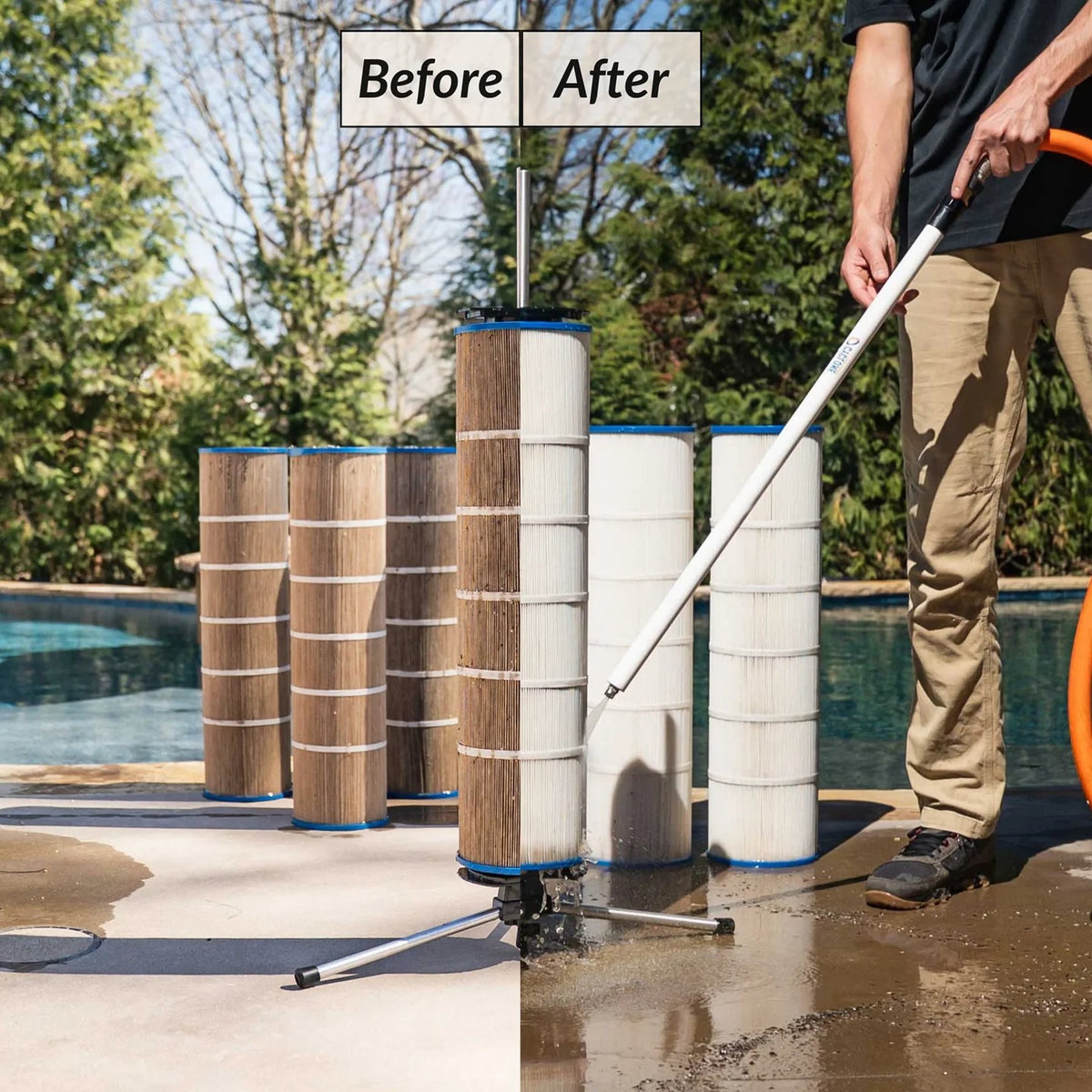 Before and after photo of a technician rinsing a Cyclone filter cartridge next to a row of dirty and clean filters by a pool