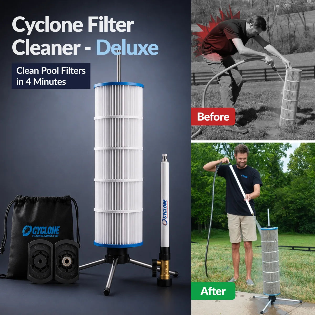 Before and after using the Cyclone Filter Cleaner Deluxe