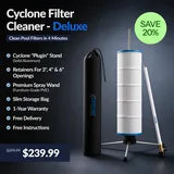 Cyclone Filter Cleaner Deluxe kit, showing the stand, a filter, a spray wand, and a black storage bag.