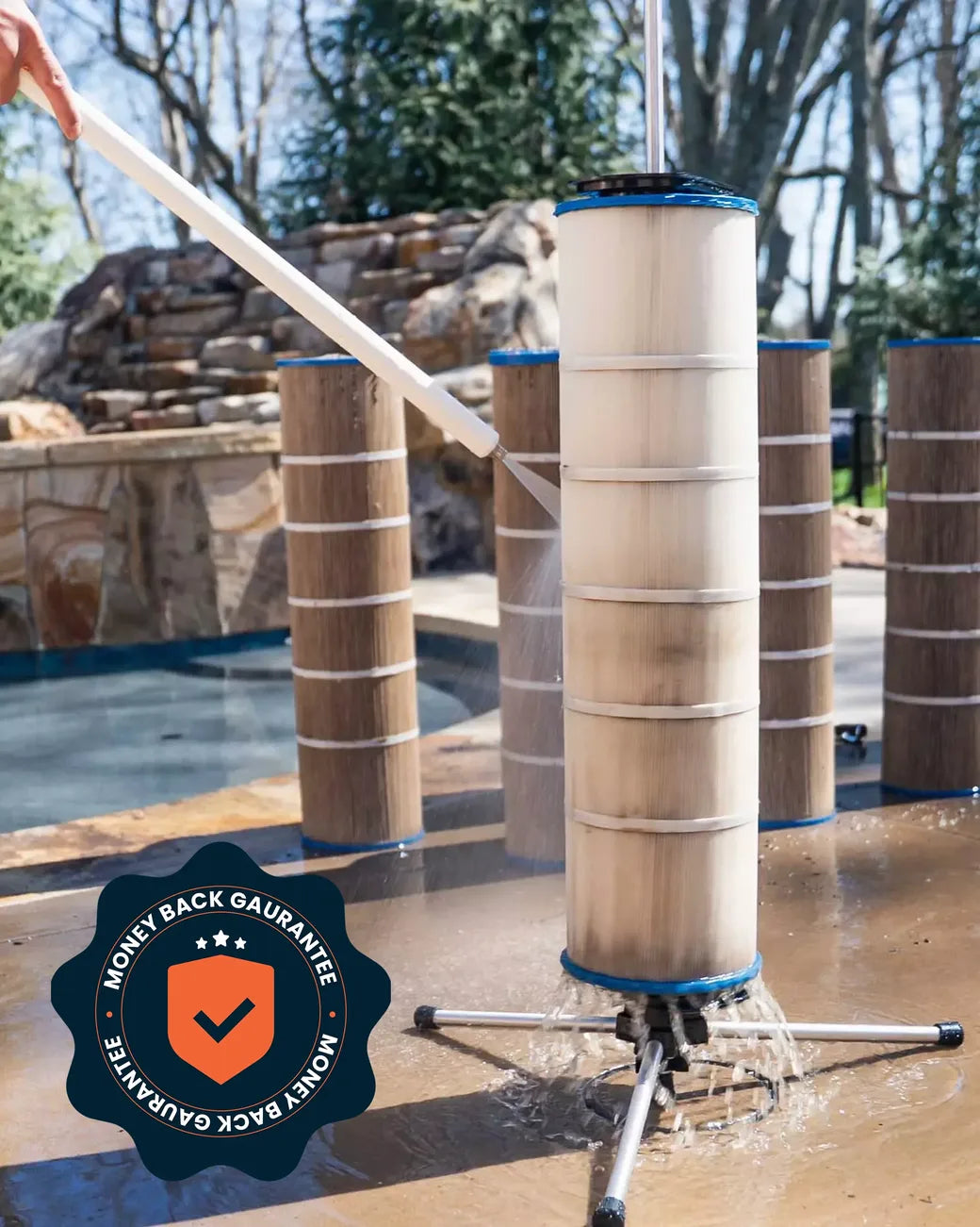 Cyclone spinning a pool filter, with the money back guarantee badge